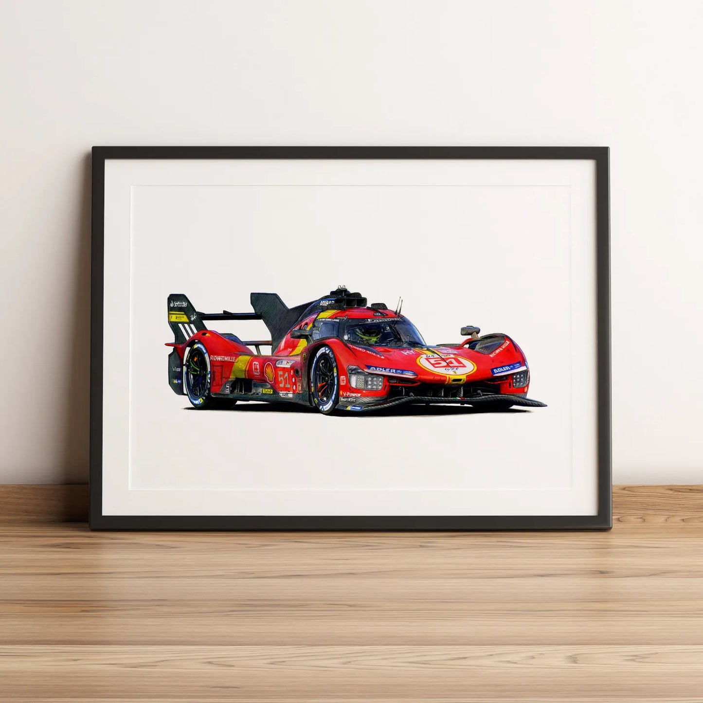 Illustration d’endurance de la Ferrari 499P #51 2023 dessinée à la main par l’artiste Anthony Caillon.