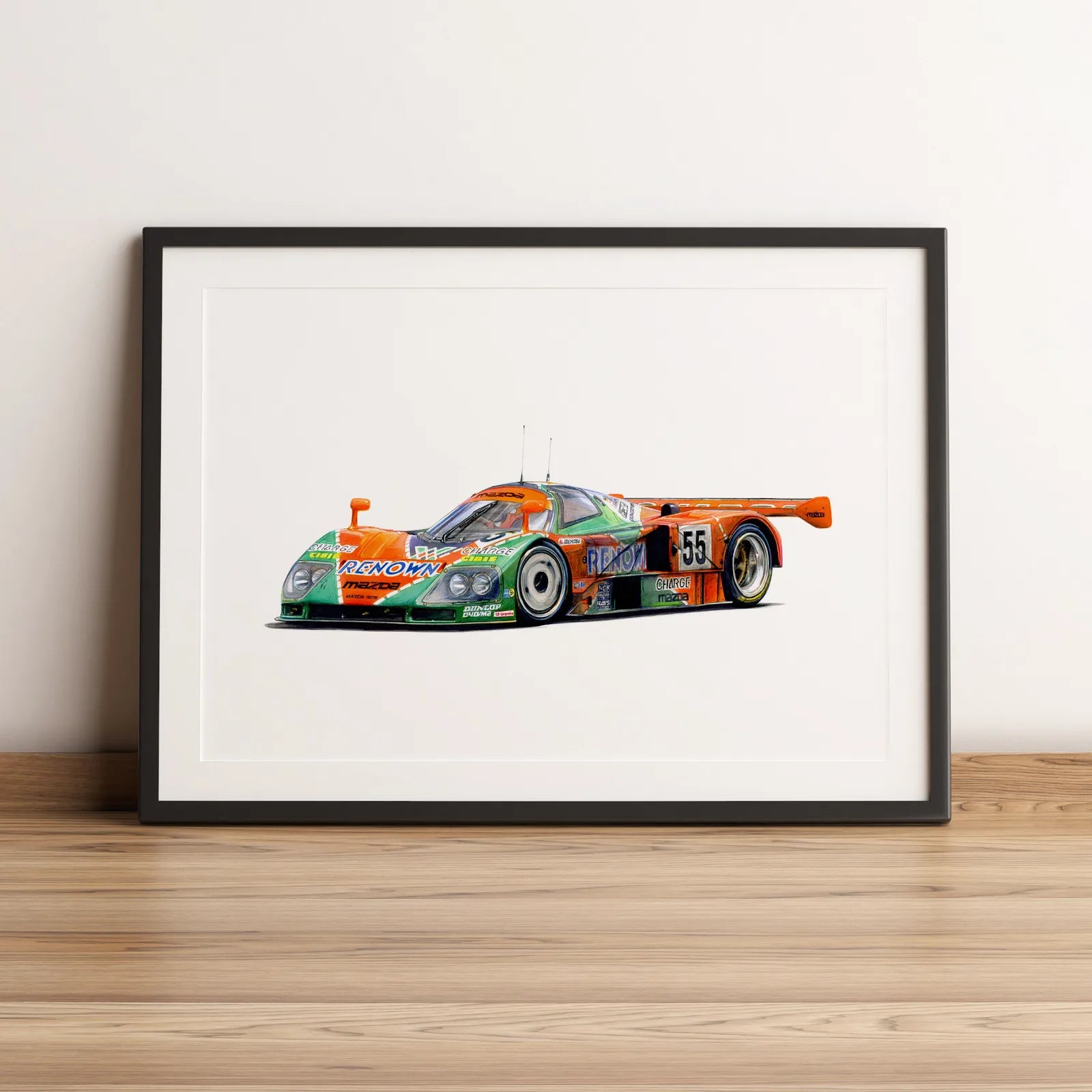 Illustration d’endurance de la Mazda 787B #55 1991 dessinée à la main par l’artiste Anthony Caillon.