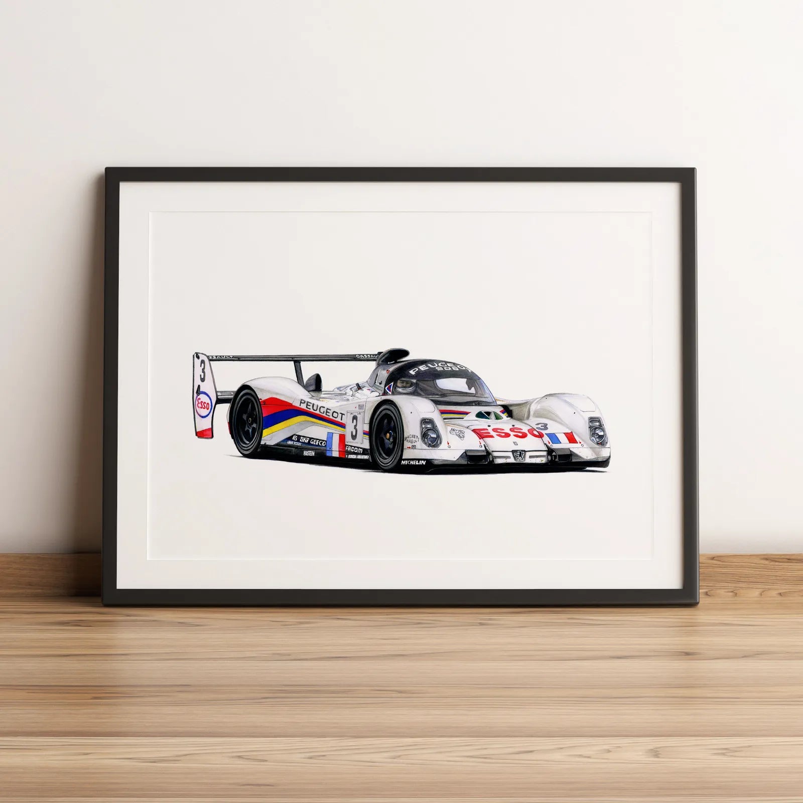 Illustration d’endurance de la Peugeot 905 #3 1993 dessinée à la main par l’artiste Anthony Caillon.