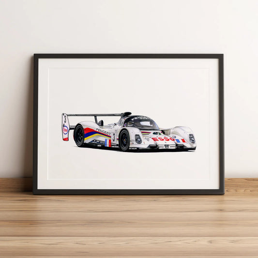 Illustration d’endurance de la Peugeot 905 #3 1993 dessinée à la main par l’artiste Anthony Caillon.