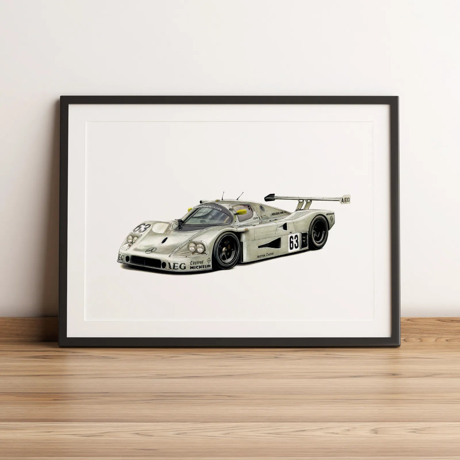 Illustration d’endurance de la Sauber-Mercedes C9 #63 1989 dessinée à la main par l’artiste Anthony Caillon.