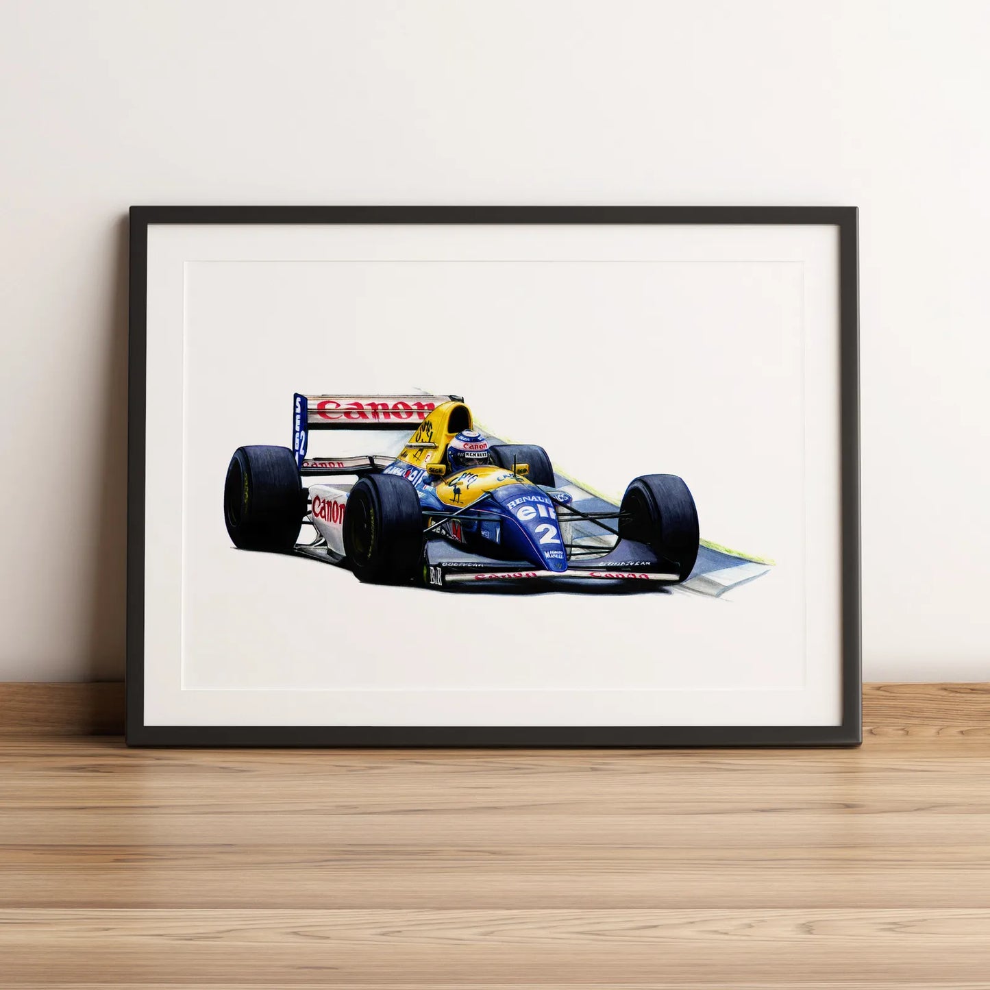 Illustration Formule 1 de Alain Prost au volant de la Williams FW15C 1993 dessinée à la main par l’artiste Anthony Caillon.
