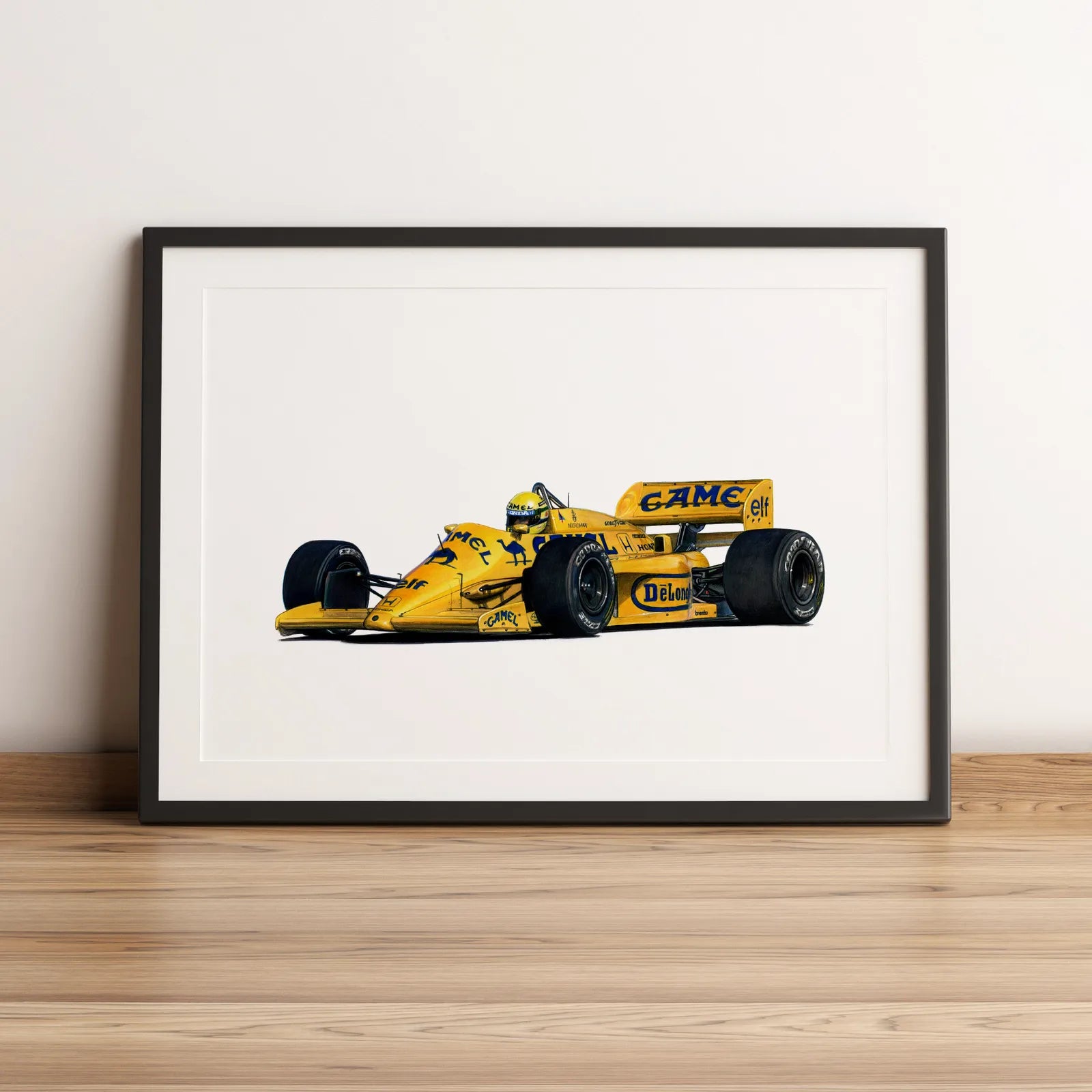 Illustration Formule 1 de Ayrton Senna au volant de la Lotus 99T 1987 dessinée à la main par l’artiste Anthony Caillon.