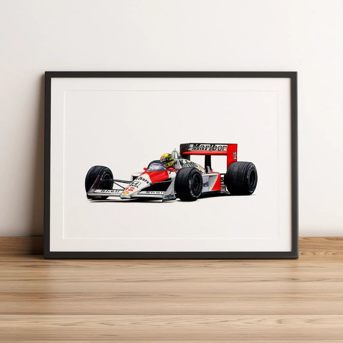 Illustration Formule 1 de Ayrton Senna au volant de la McLaren MP4/4 1988 dessinée à la main par l’artiste Anthony Caillon.