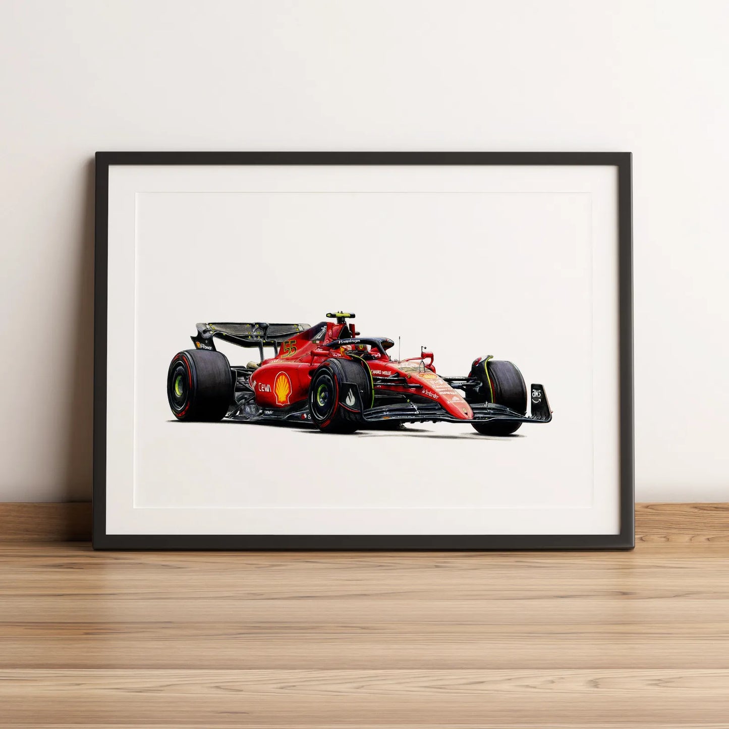 Illustration Formule 1 de Carlos Sainz au volant de la Ferrari F1-75 2022 dessinée à la main par l’artiste Anthony Caillon.