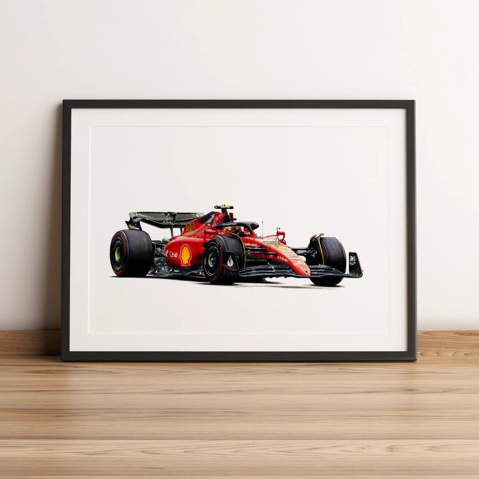 Illustration Formule 1 de Carlos Sainz au volant de la Ferrari F1-75 2022 dessinée à la main par l’artiste Anthony Caillon.