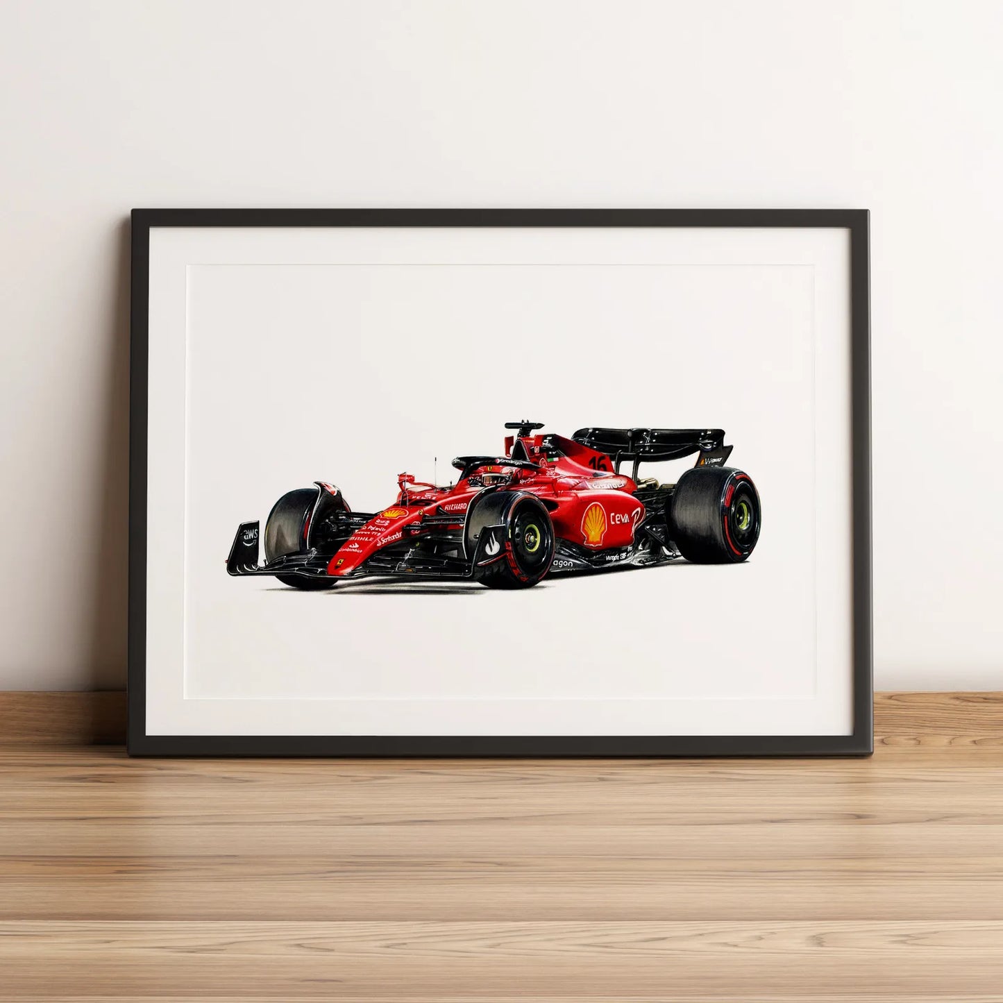 Illustration Formule 1 de Charles Leclerc au volant de la Ferrari F1-75 2022 dessinée à la main par l’artiste Anthony Caillon.