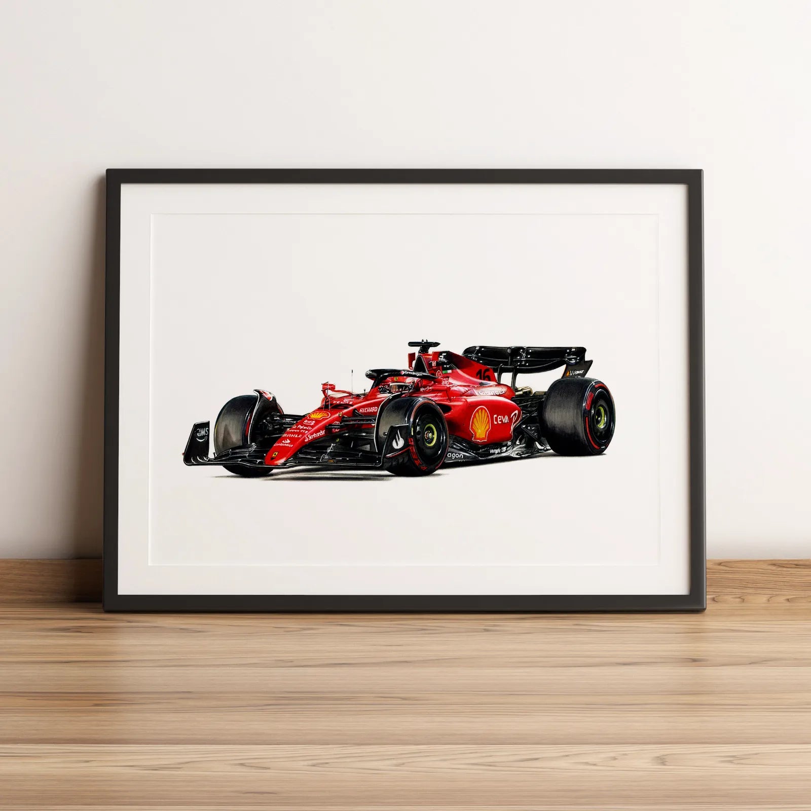 Illustration Formule 1 de Charles Leclerc au volant de la Ferrari F1-75 2022 dessinée à la main par l’artiste Anthony Caillon.