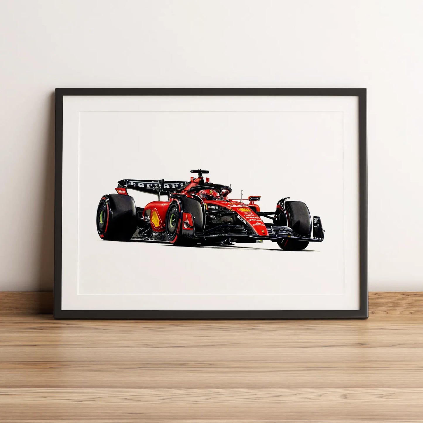 Illustration Formule 1 de Charles Leclerc au volant de la Ferrari SF-23 2023 dessinée à la main par l’artiste Anthony Caillon.