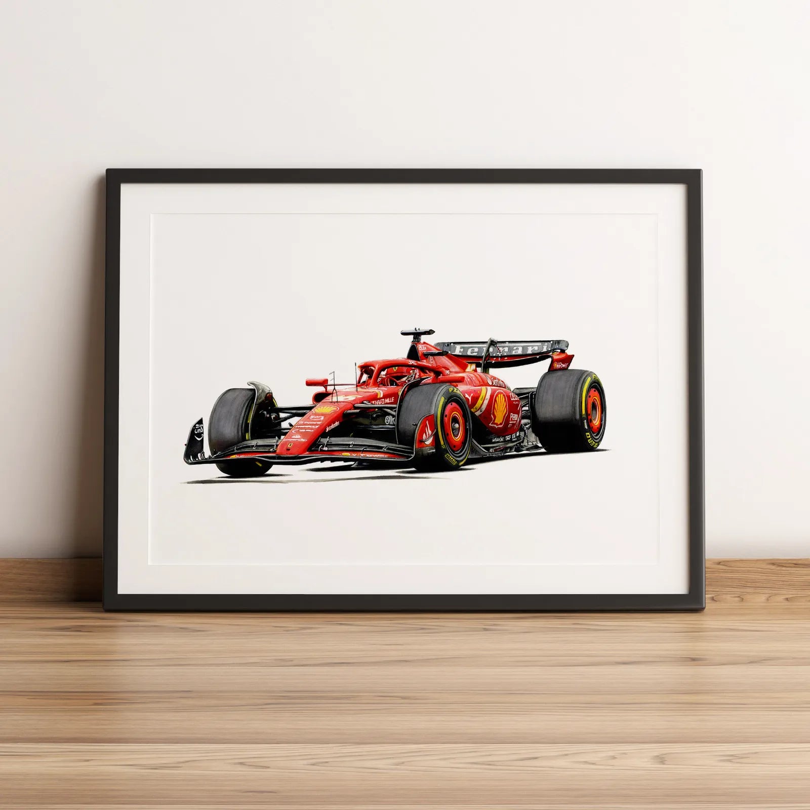 Illustration Formule 1 de Charles Leclerc au volant de la Ferrari SF-24 2024 dessinée à la main par l’artiste Anthony Caillon.