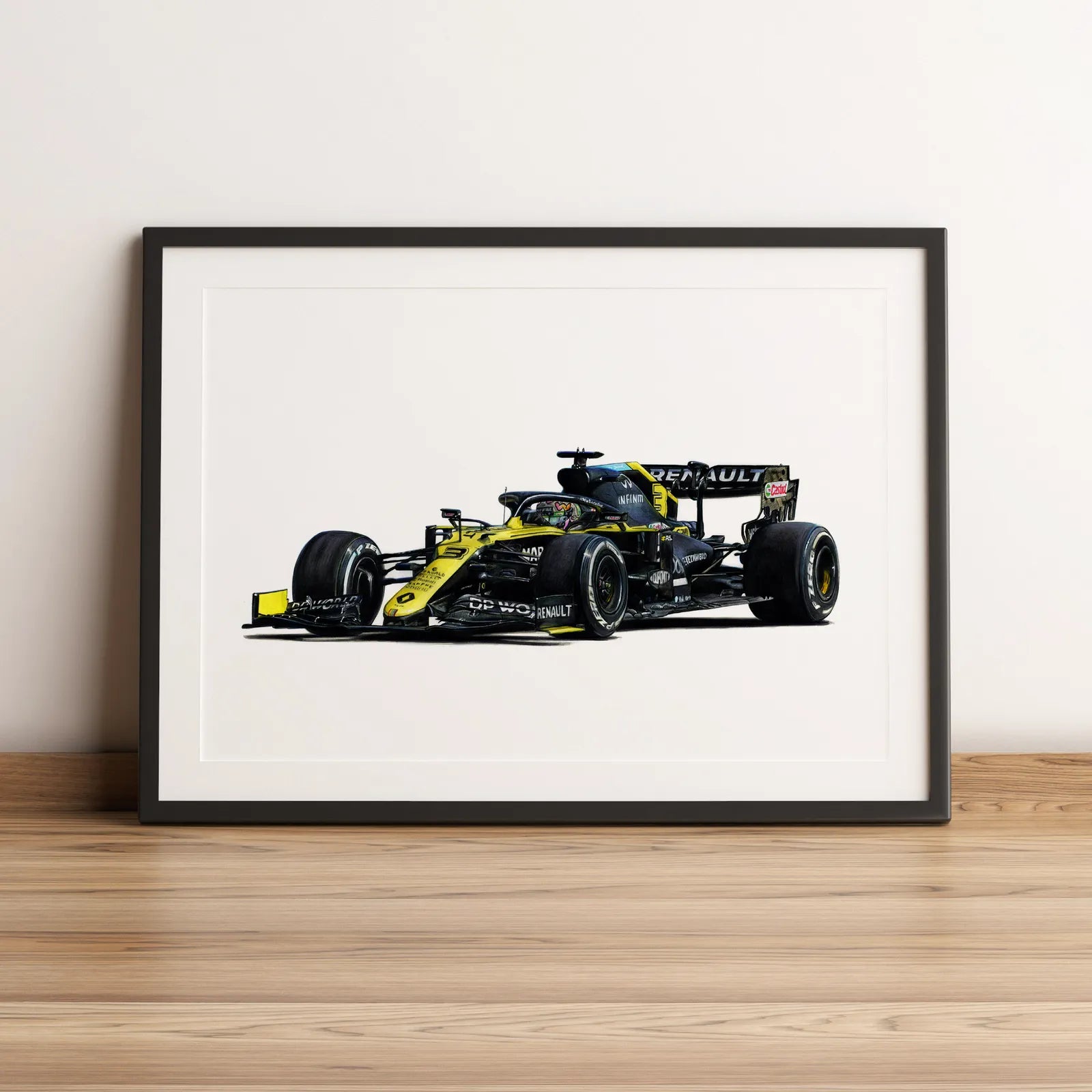 Illustration Formule 1 de Daniel Ricciardo au volant de la Renault R.S.20 2020 dessinée à la main par l’artiste Anthony Caillon.