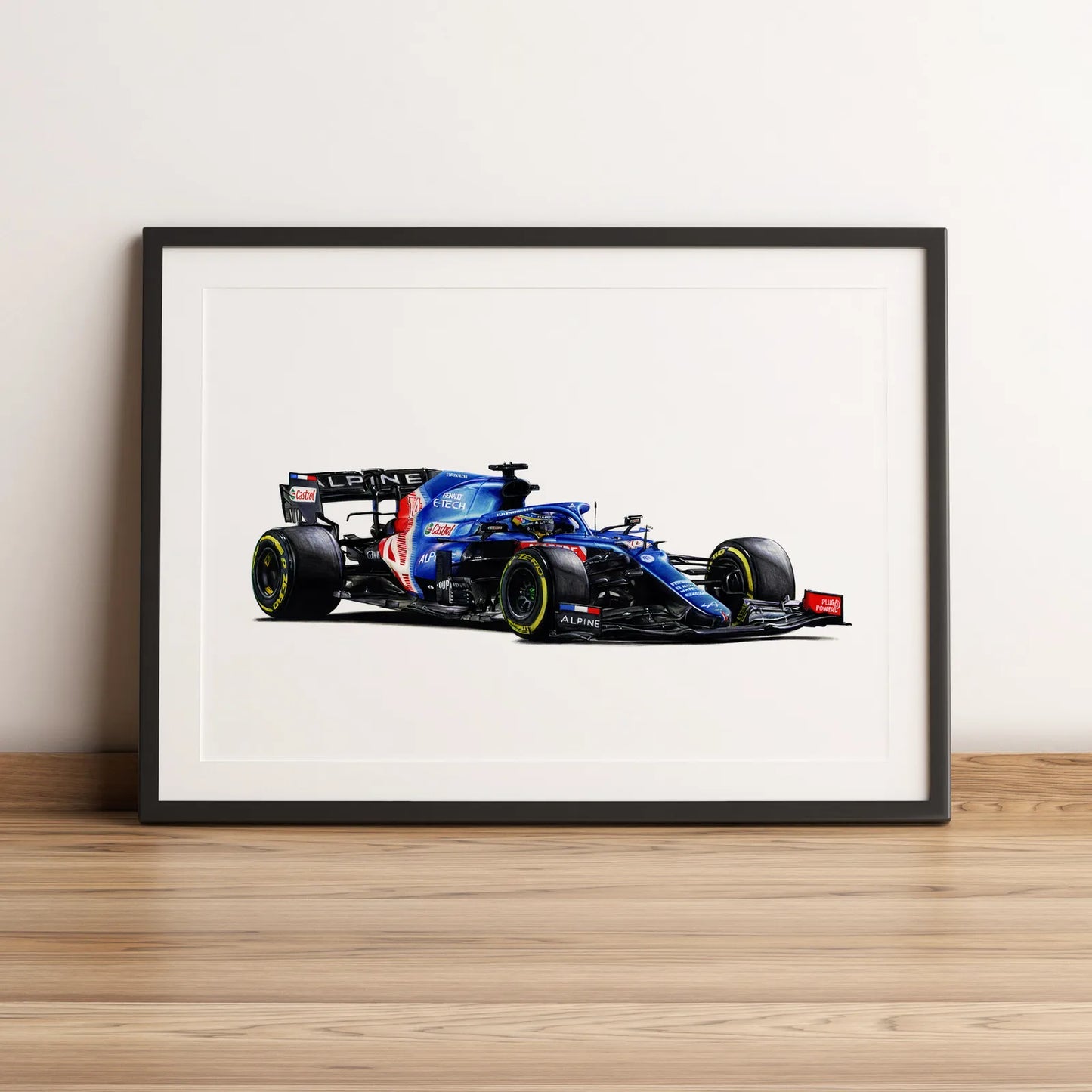 Illustration Formule 1 de Fernando Alonso au volant de l'Alpine A521 2021 dessinée à la main par l’artiste Anthony Caillon.