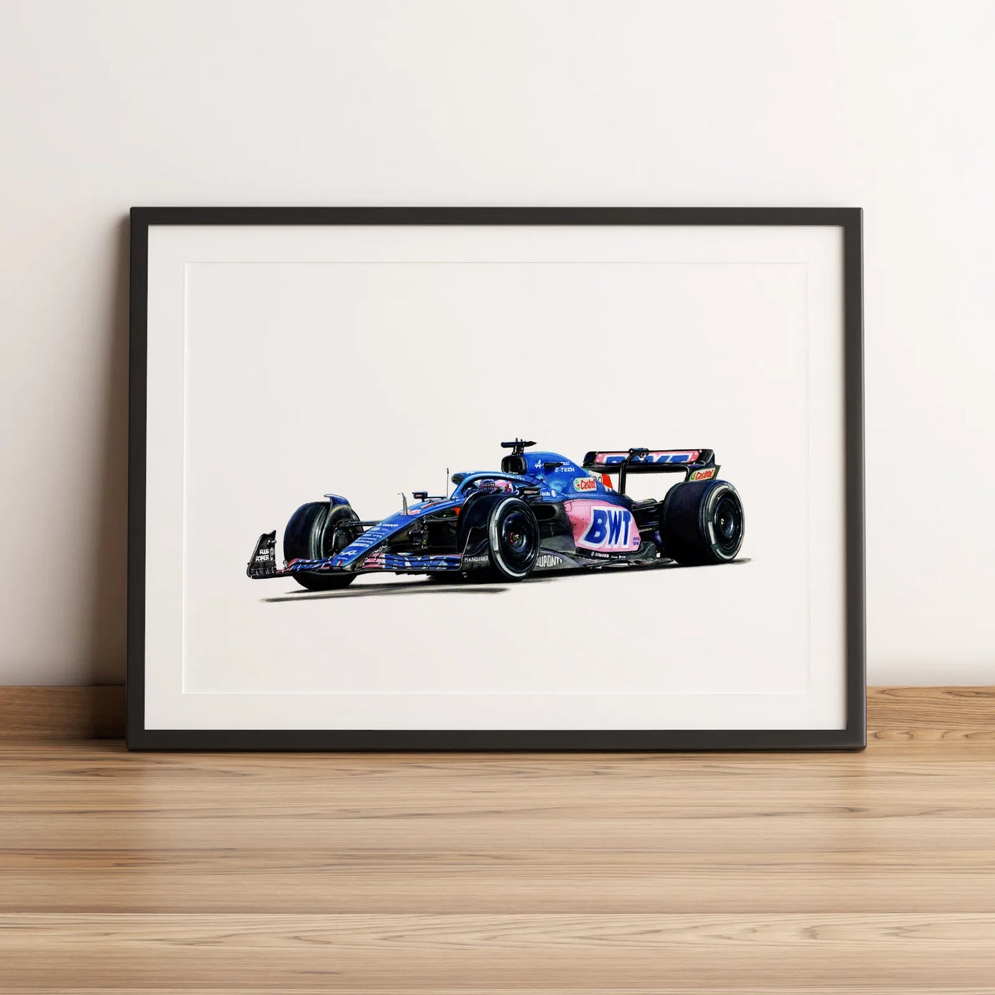 Illustration Formule 1 de Fernando Alonso au volant de l'Alpine A522 2022 dessinée à la main par l’artiste Anthony Caillon.