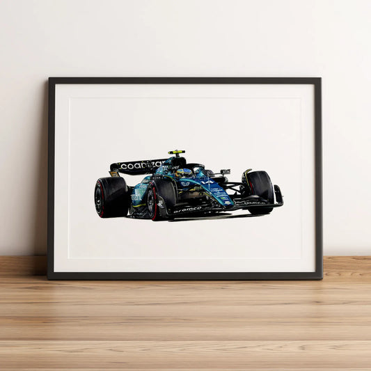 Illustration Formule 1 de Fernando Alonso au volant de l'Aston Martin AMR23 2023 dessinée à la main par l’artiste Anthony Caillon.