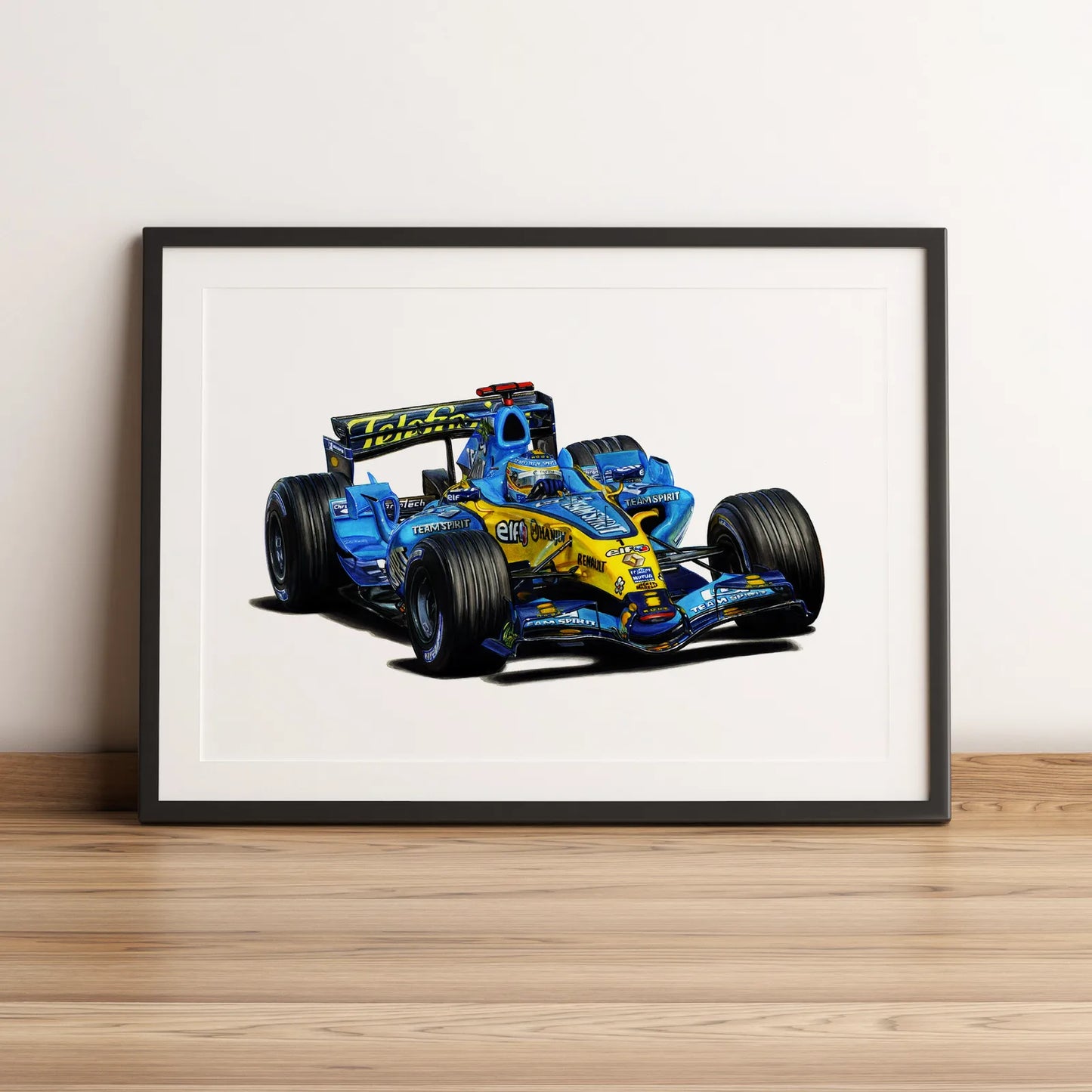 Illustration Formule 1 de Fernando Alonso au volant de la Renault R26 2006 dessinée à la main par l’artiste Anthony Caillon.