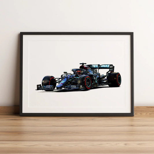 Illustration Formule 1 de George Russell au volant de la Mercedes-AMG F1 W11 Bahreïn 2020 dessinée à la main par l’artiste Anthony Caillon.