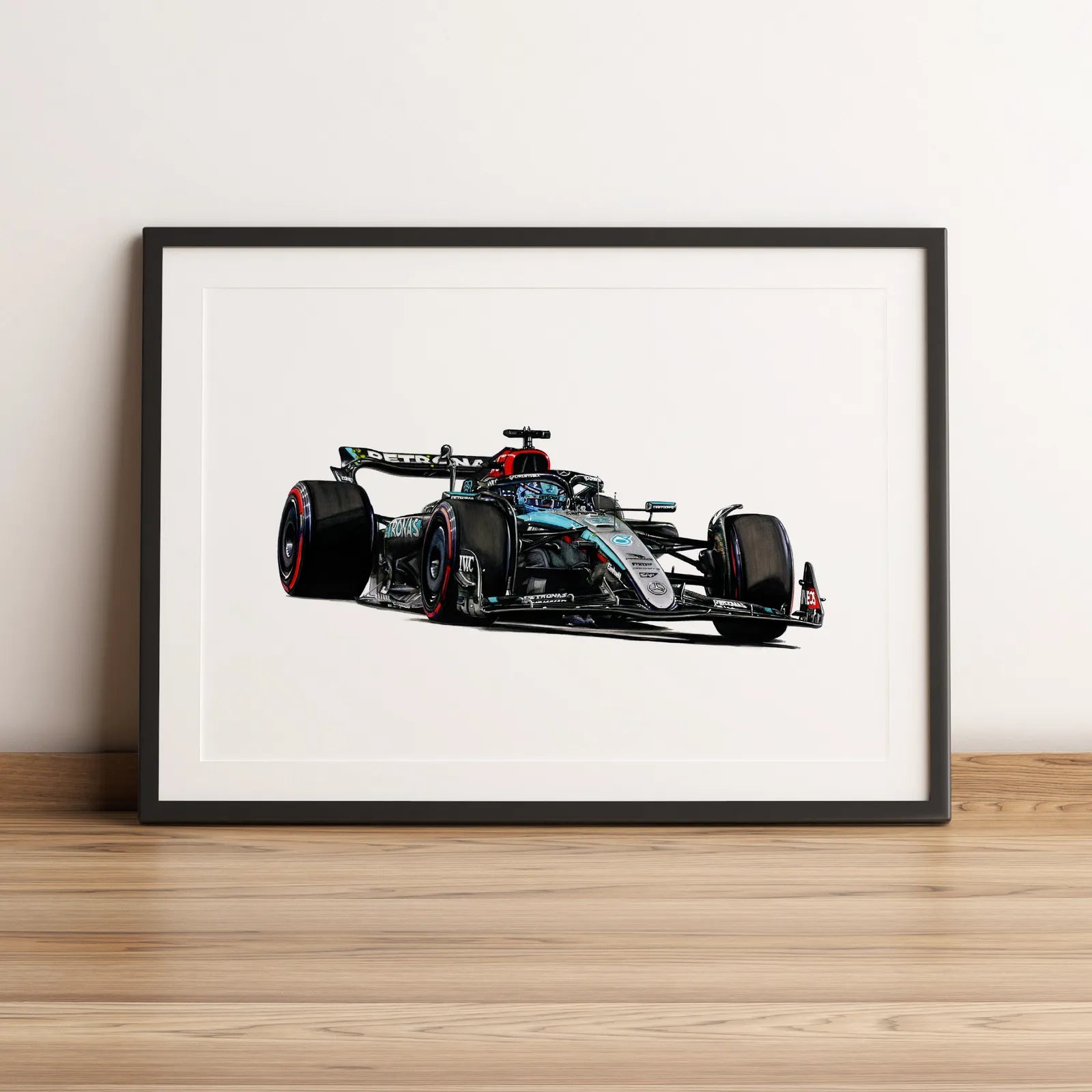 Illustration Formule 1 de George Russell au volant de la Mercedes-AMG F1 W15 2024 dessinée à la main par l’artiste Anthony Caillon.
