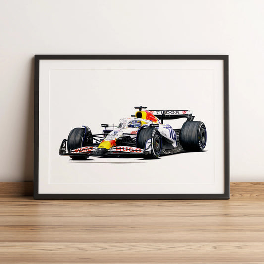 Illustration Formule 1 d'Isack Hadjar au volant de la Racing Bulls VCARB 02 2025 dessinée à la main par l’artiste Anthony Caillon.