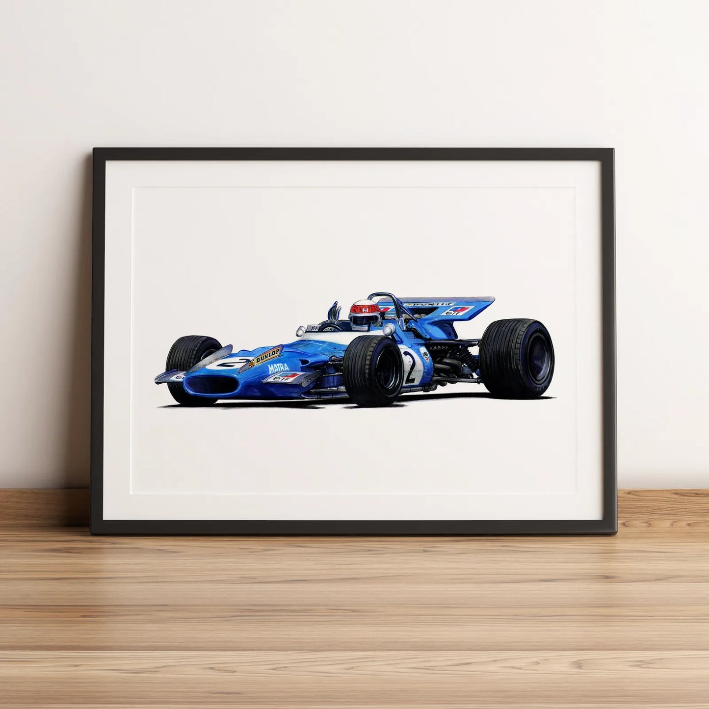 Illustration Formule 1 de Jackie Stewart au volant de la Matra MS80 1969 dessinée à la main par l’artiste Anthony Caillon.
