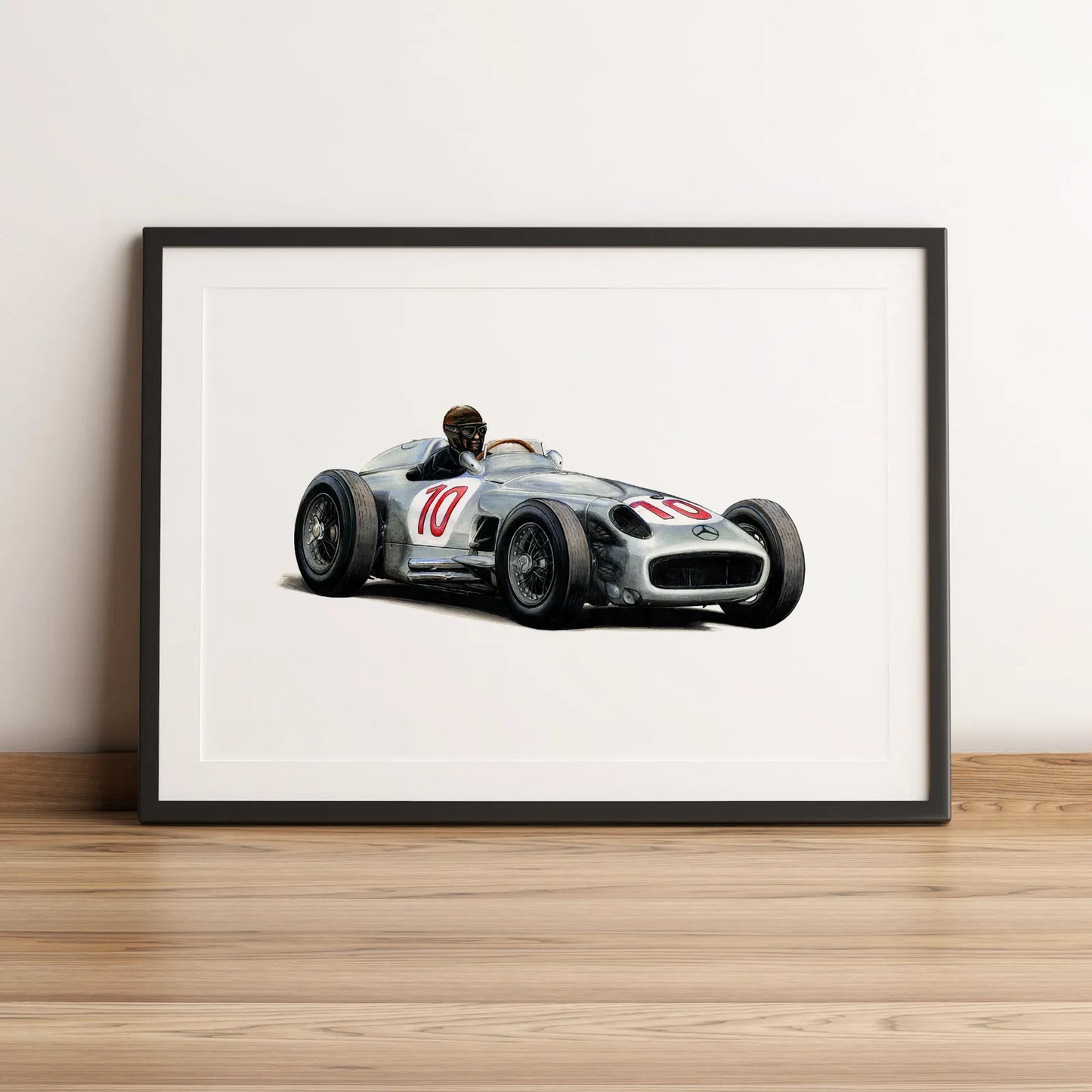 Illustration Formule 1 de Juan Manuel Fangio au volant de la Mercedes-Benz W196 1954 dessinée à la main par l’artiste Anthony Caillon.