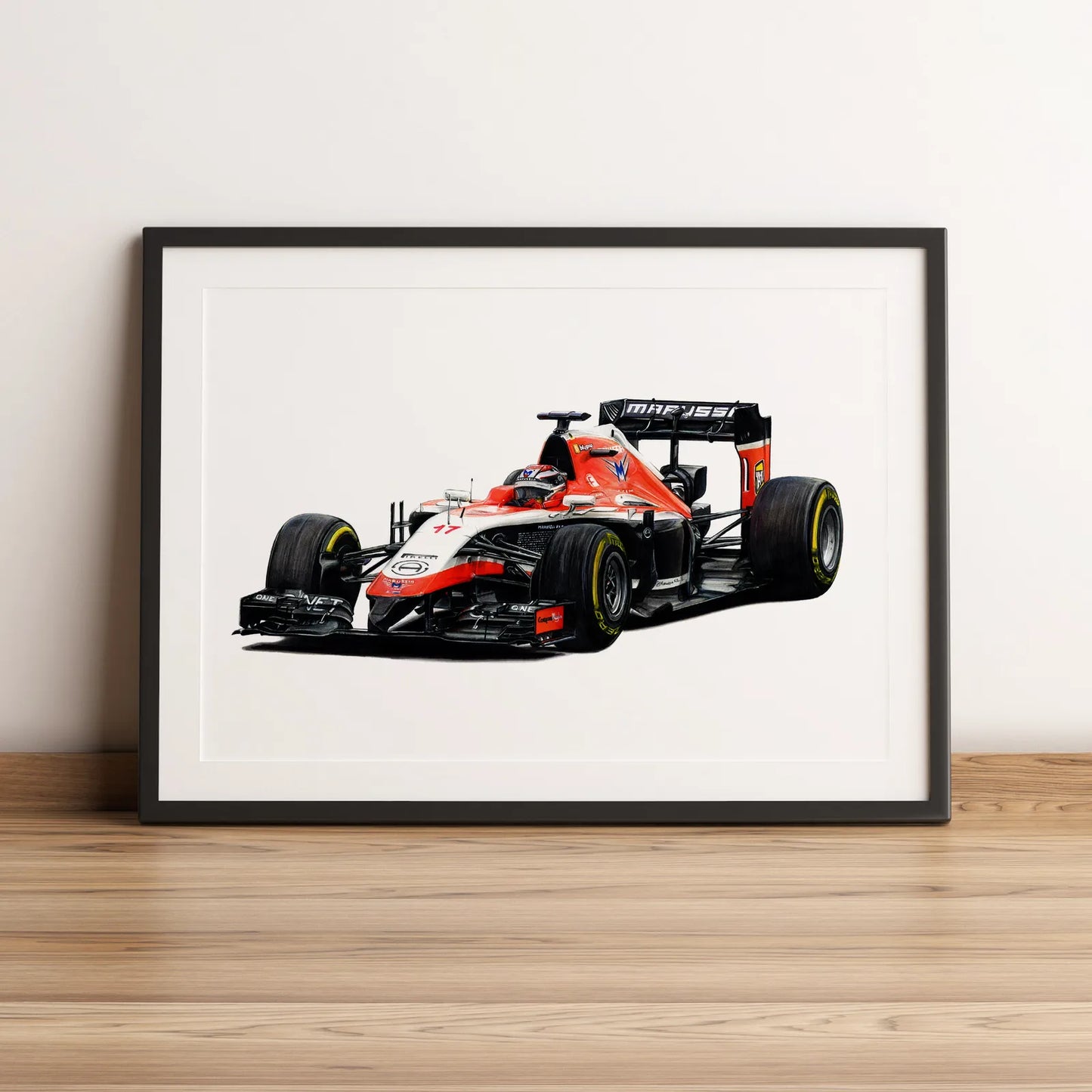 Illustration Formule 1 de Jules Bianchi au volant de la Marussia MR03 dessinée à la main par l’artiste Anthony Caillon.
