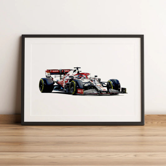 Illustration Formule 1 de Kimi Räikkönen au volant de l'Alfa Romeo C41 2021 dessinée à la main par l’artiste Anthony Caillon.