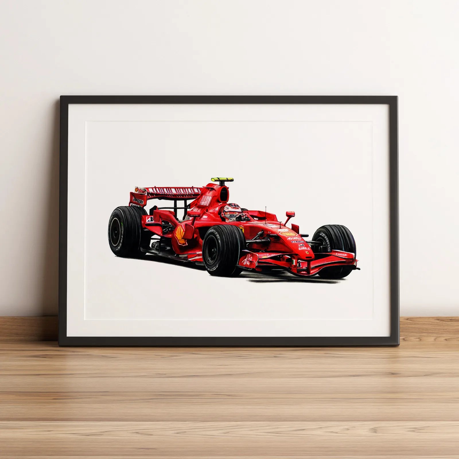 Illustration Formule 1 de Kimi Räikkönen au volant de la Ferrari F2007 2007 dessinée à la main par l’artiste Anthony Caillon.