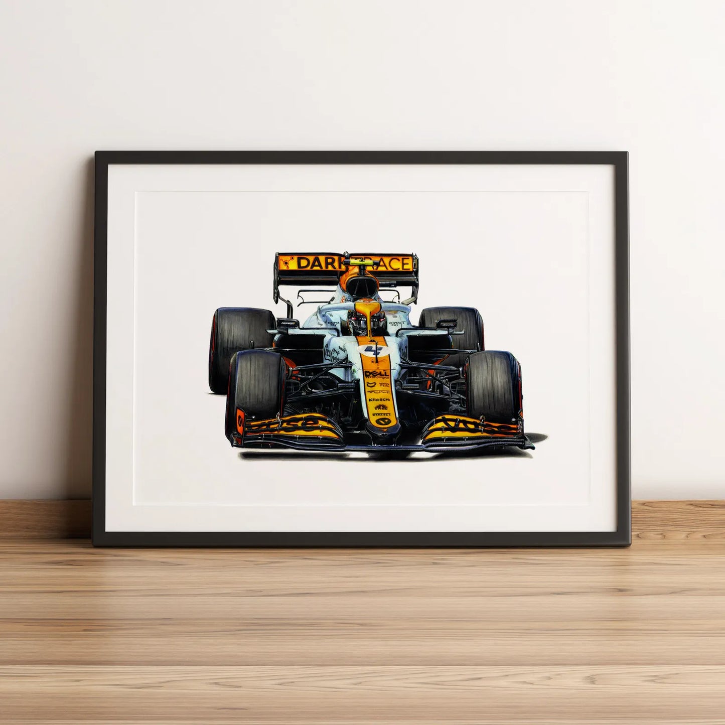 Illustration Formule 1 de Lando Norris au volant de la McLaren MCL35M "Gulf" Monaco 2021 dessinée à la main par l’artiste Anthony Caillon.