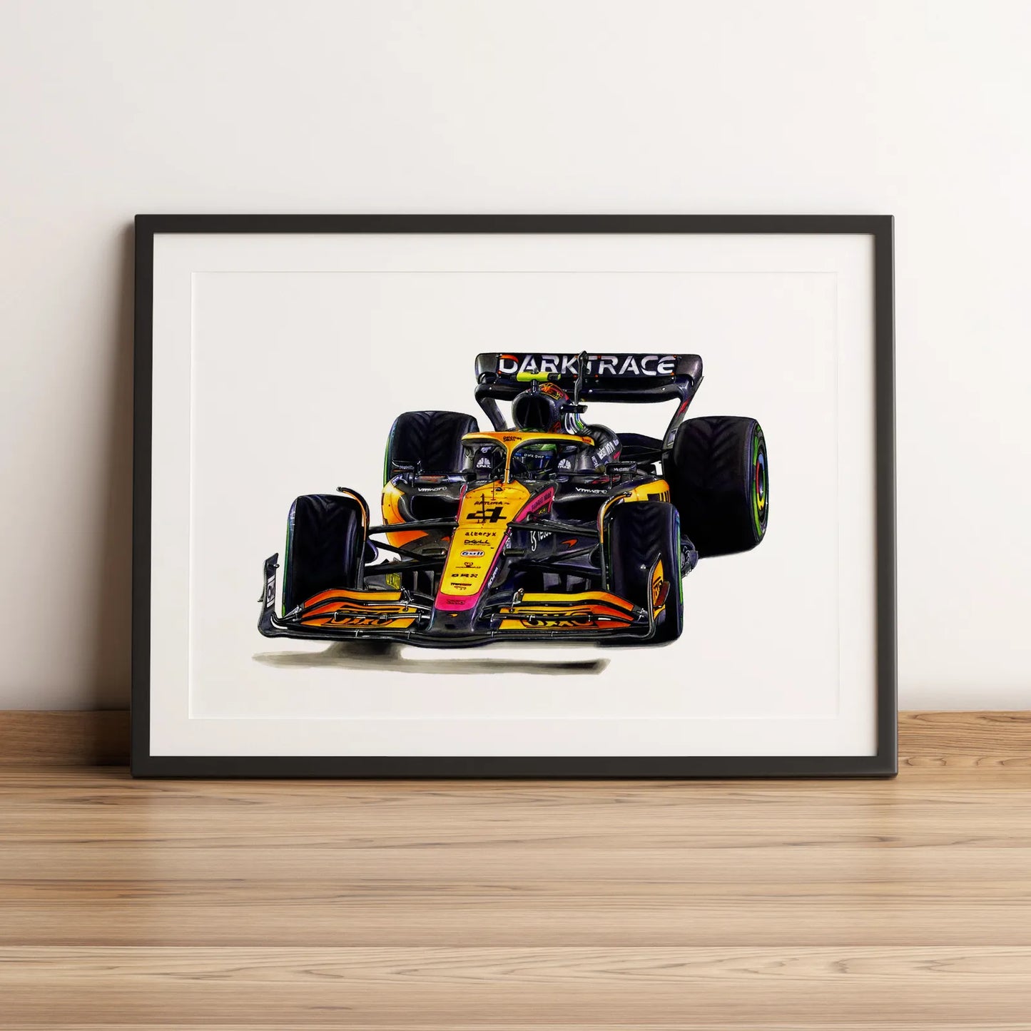 Illustration Formule 1 de Lando Norris au volant de la McLaren MCL36 2022 dessinée à la main par l’artiste Anthony Caillon.
