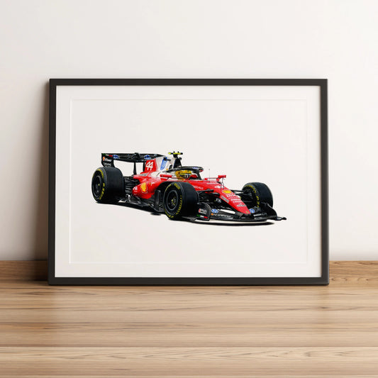 Illustration Formule 1 de Lewis Hamilton au volant de la Ferrari SF-26 2026 dessinée à la main par l’artiste Anthony Caillon.
