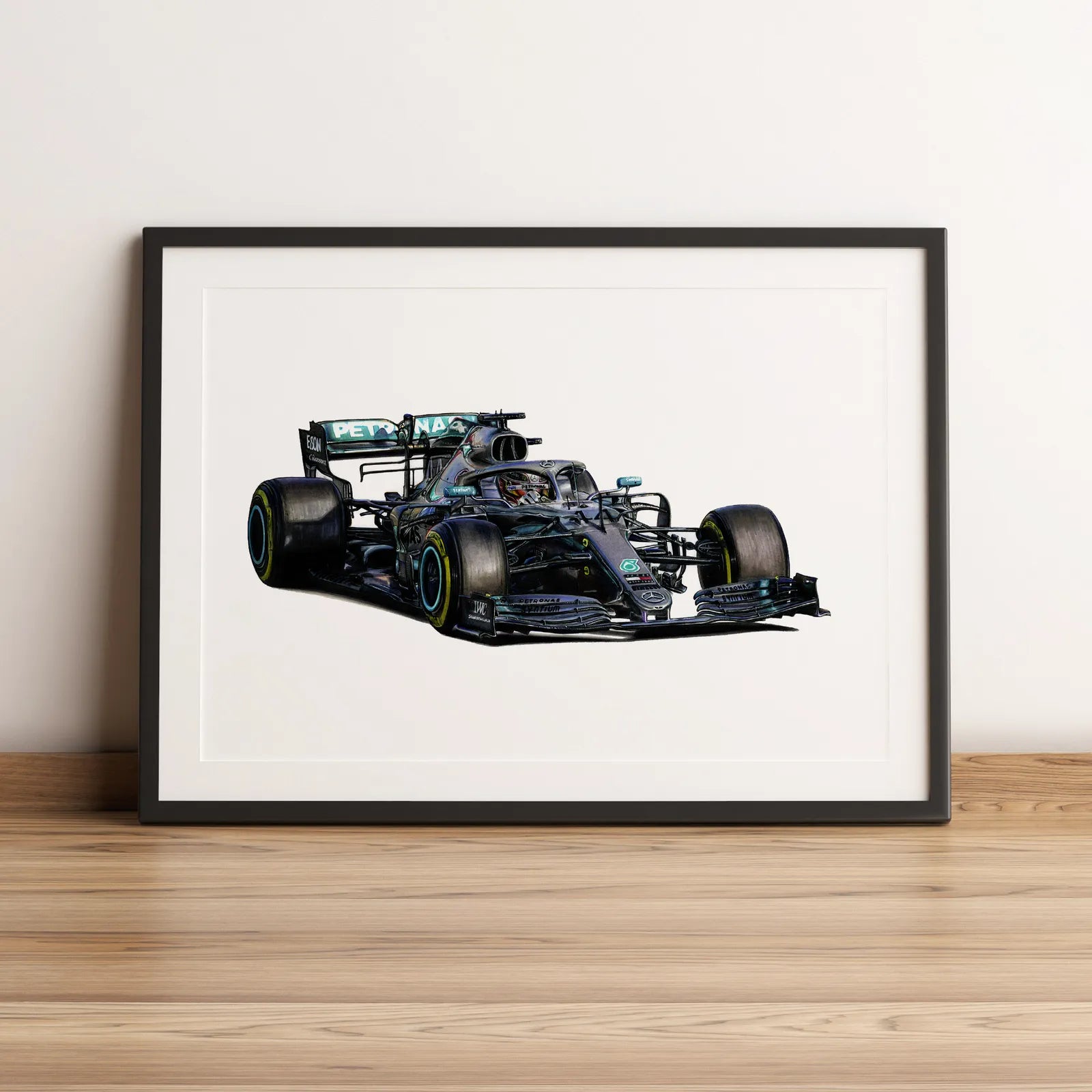 Illustration Formule 1 de Lewis Hamilton au volant de la Mercedes-AMG F1 W10 2019 dessinée à la main par l’artiste Anthony Caillon.
