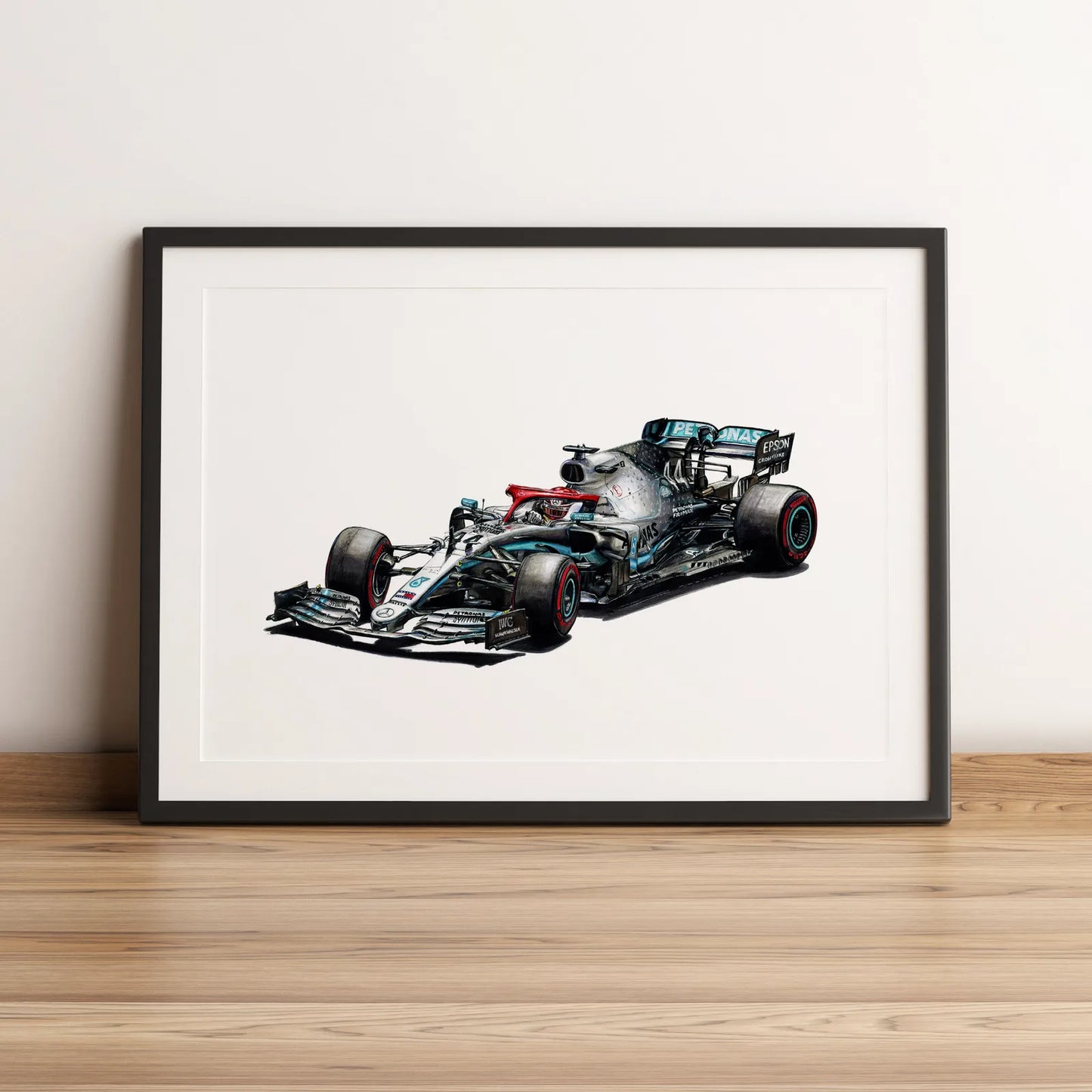 Illustration Formule 1 de Lewis Hamilton au volant de la Mercedes-AMG F1 W10 Monaco 2019 dessinée à la main par l’artiste Anthony Caillon.
