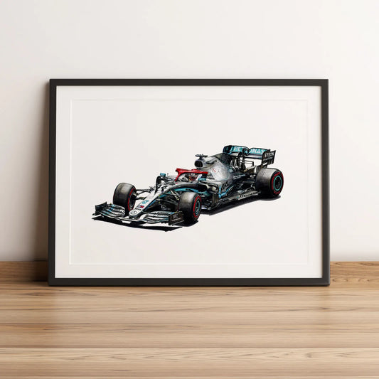 Illustration Formule 1 de Lewis Hamilton au volant de la Mercedes-AMG F1 W10 Monaco 2019 dessinée à la main par l’artiste Anthony Caillon.

