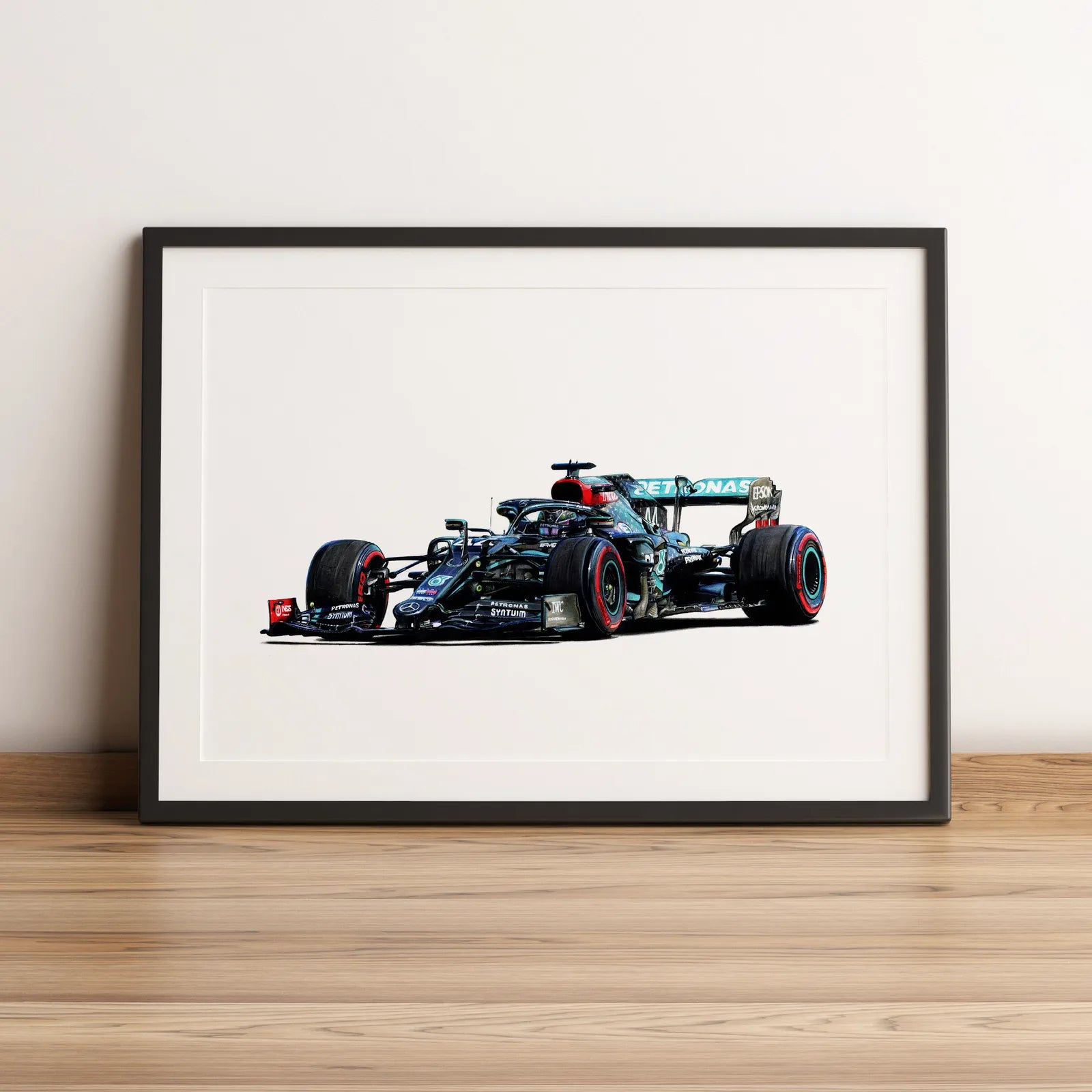 Illustration Formule 1 de Lewis Hamilton au volant de la Mercedes-AMG F1 W11 2020 dessinée à la main par l’artiste Anthony Caillon.