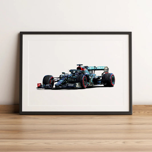 Illustration Formule 1 de Lewis Hamilton au volant de la Mercedes-AMG F1 W11 2020 dessinée à la main par l’artiste Anthony Caillon.