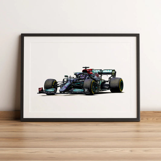Illustration Formule 1 de Lewis Hamilton au volant de la Mercedes-AMG F1 W12 2021 dessinée à la main par l’artiste Anthony Caillon.