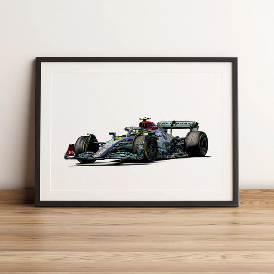 Illustration Formule 1 de Lewis Hamilton au volant de la Mercedes-AMG F1 W13 2022 dessinée à la main par l’artiste Anthony Caillon.