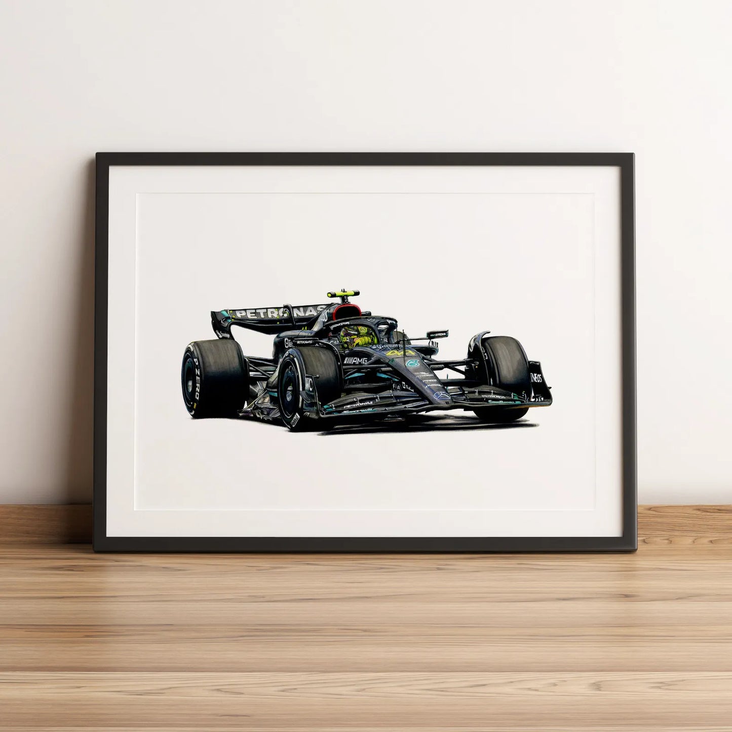 Illustration Formule 1 de Lewis Hamilton au volant de la Mercedes-AMG F1 W14 2023 dessinée à la main par l’artiste Anthony Caillon.