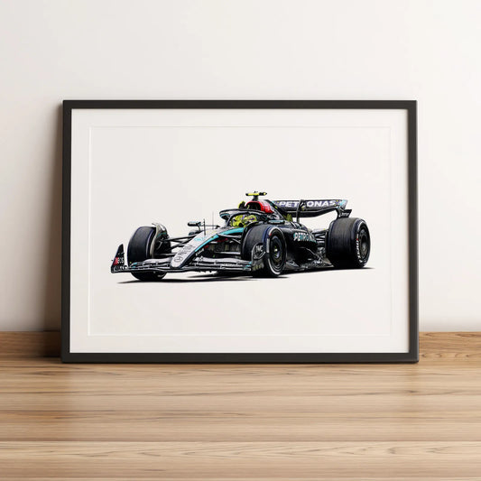 Illustration Formule 1 de Lewis Hamilton au volant de la Mercedes-AMG F1 W15 2024 dessinée à la main par l’artiste Anthony Caillon.
