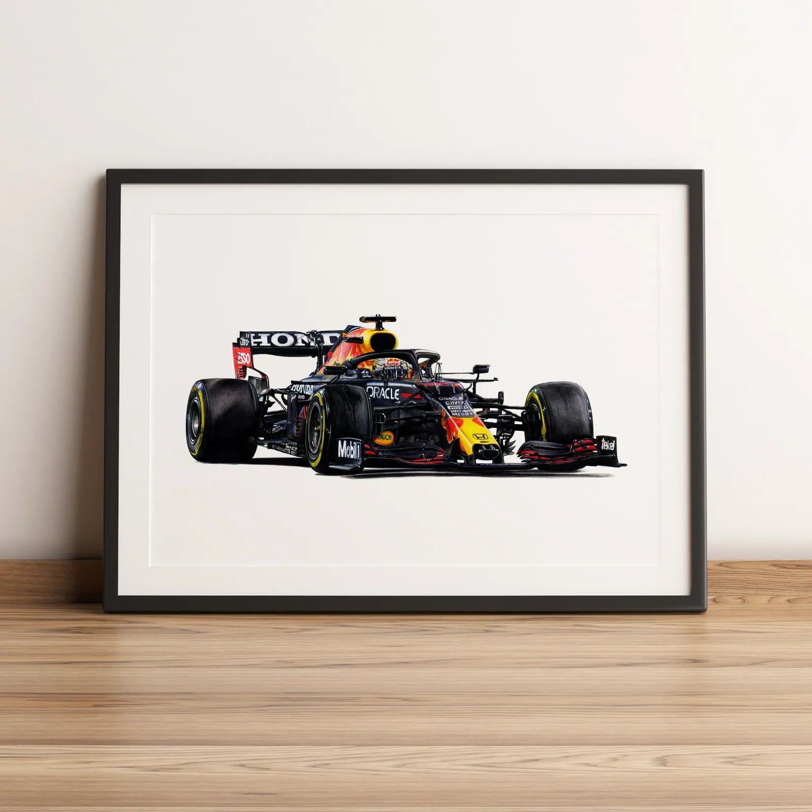 Illustration Formule 1 de Max Verstappen au volant de la Red Bull RB16B 2021 dessinée à la main par l’artiste Anthony Caillon.