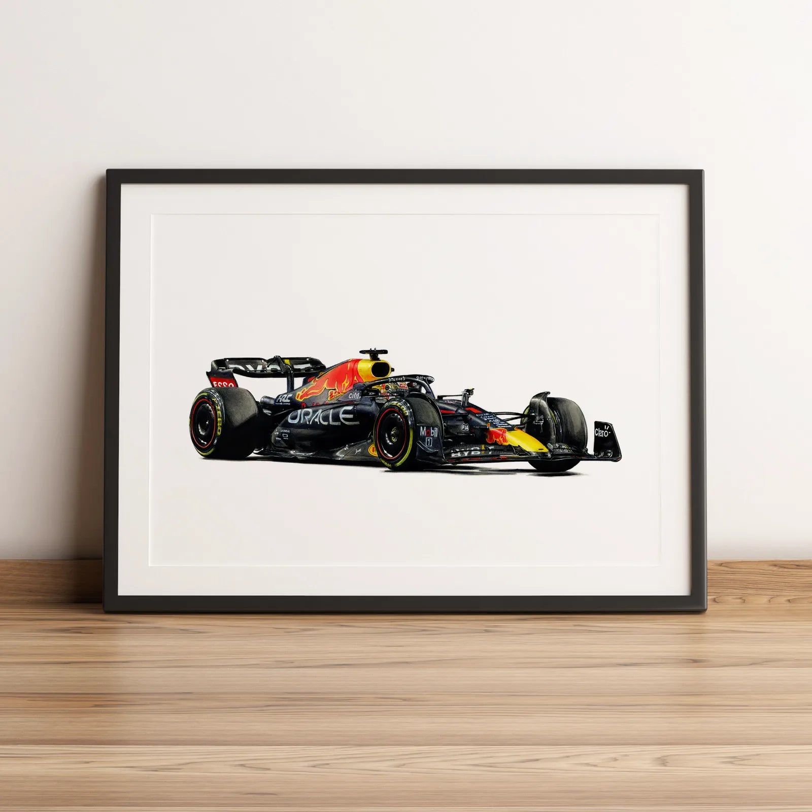 Illustration Formule 1 de Max Verstappen au volant de la Red Bull RB18 2022 dessinée à la main par l’artiste Anthony Caillon.
