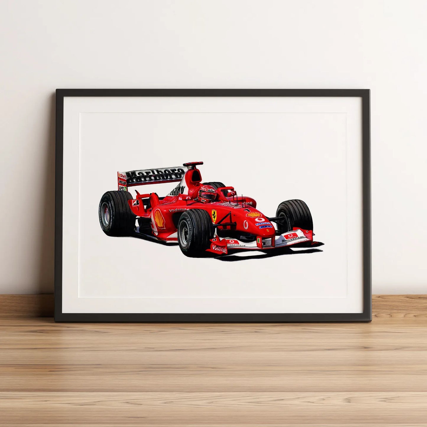 Illustration Formule 1 de Michael Schumacher au volant de la Ferrari F2003-GA 2003 dessinée à la main par l’artiste Anthony Caillon.