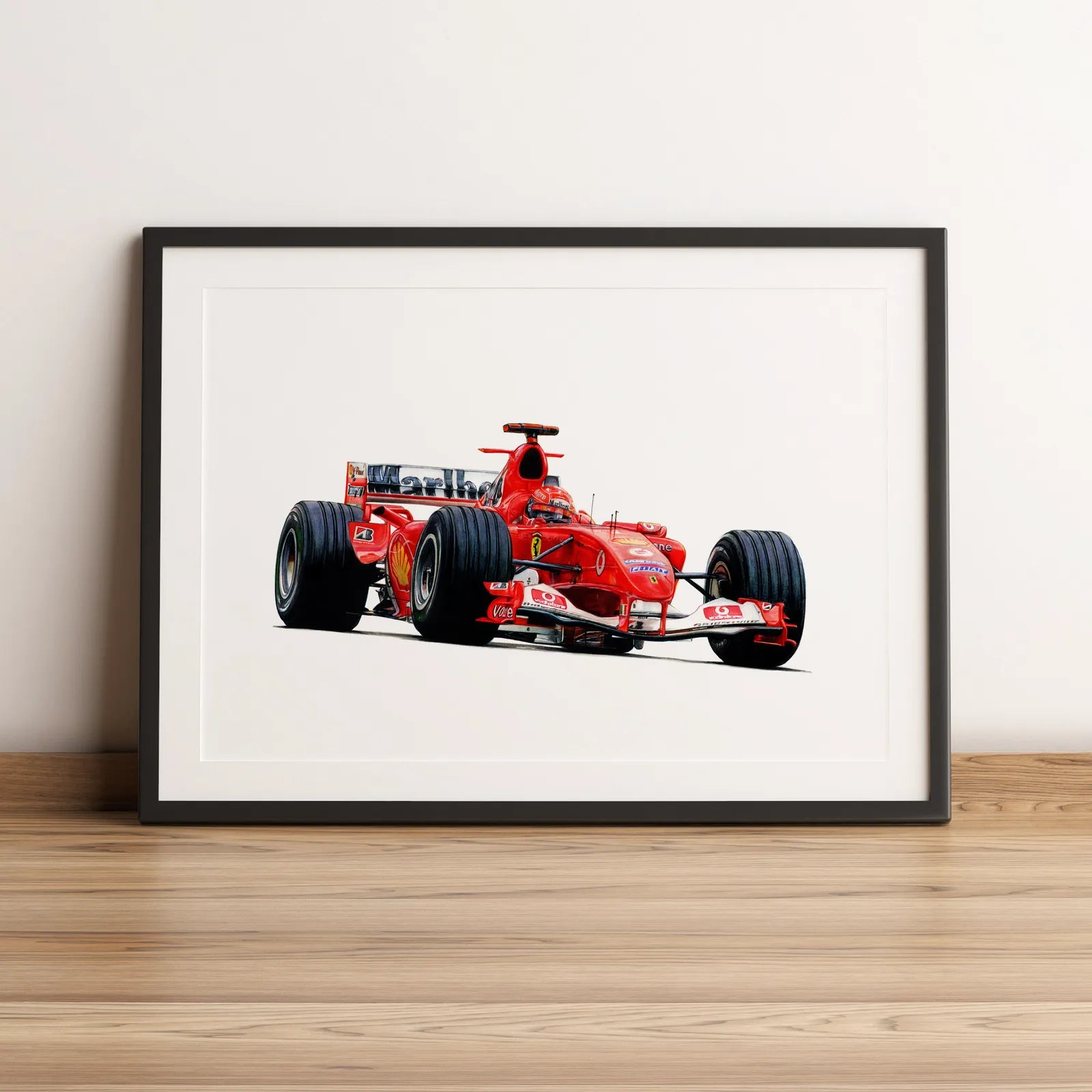 Illustration Formule 1 de Michael Schumacher au volant de la Ferrari F2004 2004 dessinée à la main par l’artiste Anthony Caillon.