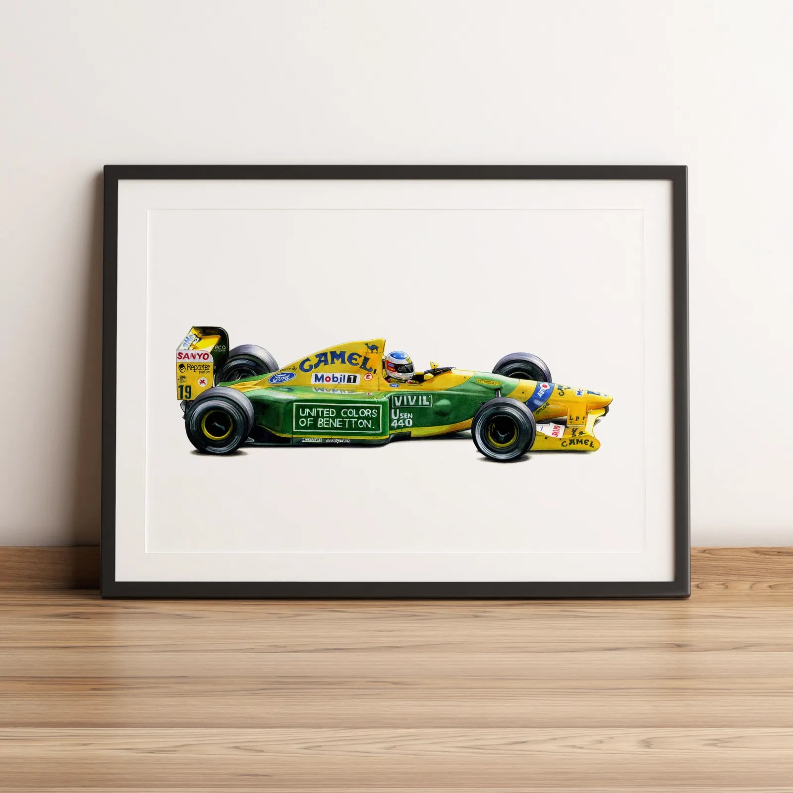 Illustration Formule 1 de Michael Schumacher au volant de la Benetton B192 1992 dessinée à la main par l’artiste Anthony Caillon.