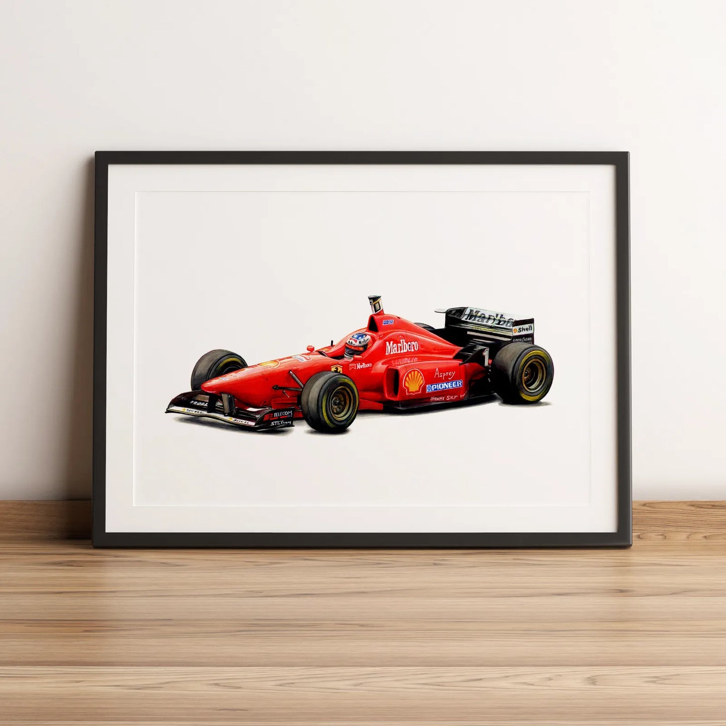Illustration Formule 1 de Michael Schumacher au volant de la Ferrari F310 1996 dessinée à la main par l’artiste Anthony Caillon.