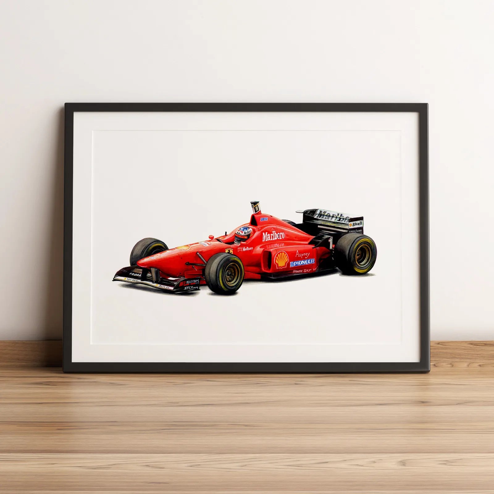 Illustration Formule 1 de Michael Schumacher au volant de la Ferrari F310 1996 dessinée à la main par l’artiste Anthony Caillon.