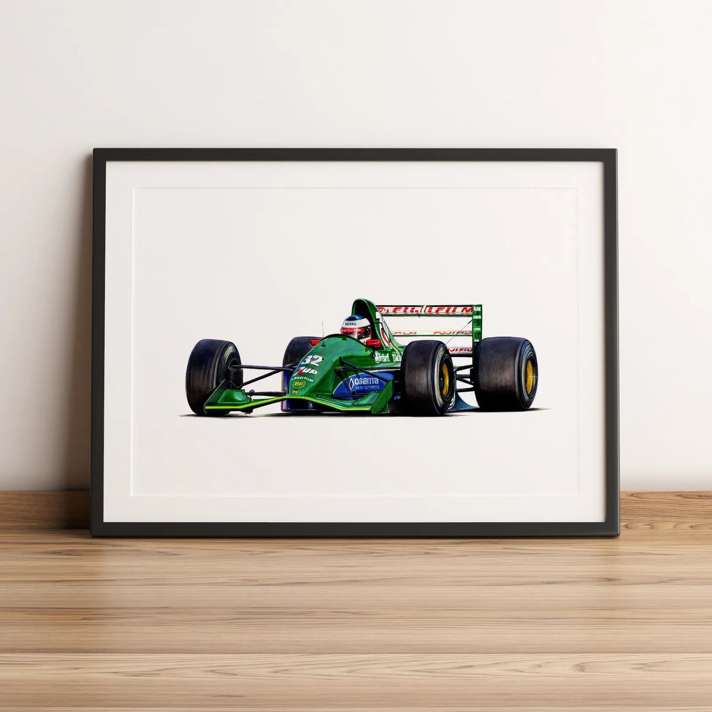 Illustration Formule 1 de Michael Schumacher au volant de la Jordan 191 1991 dessinée à la main par l’artiste Anthony Caillon.