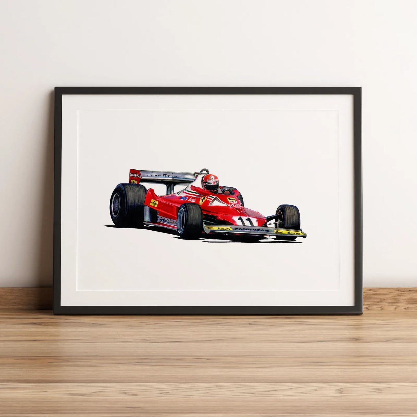 Illustration Formule 1 de Niki Lauda au volant de la Ferrari 312 T2 1976 dessinée à la main par l’artiste Anthony Caillon.