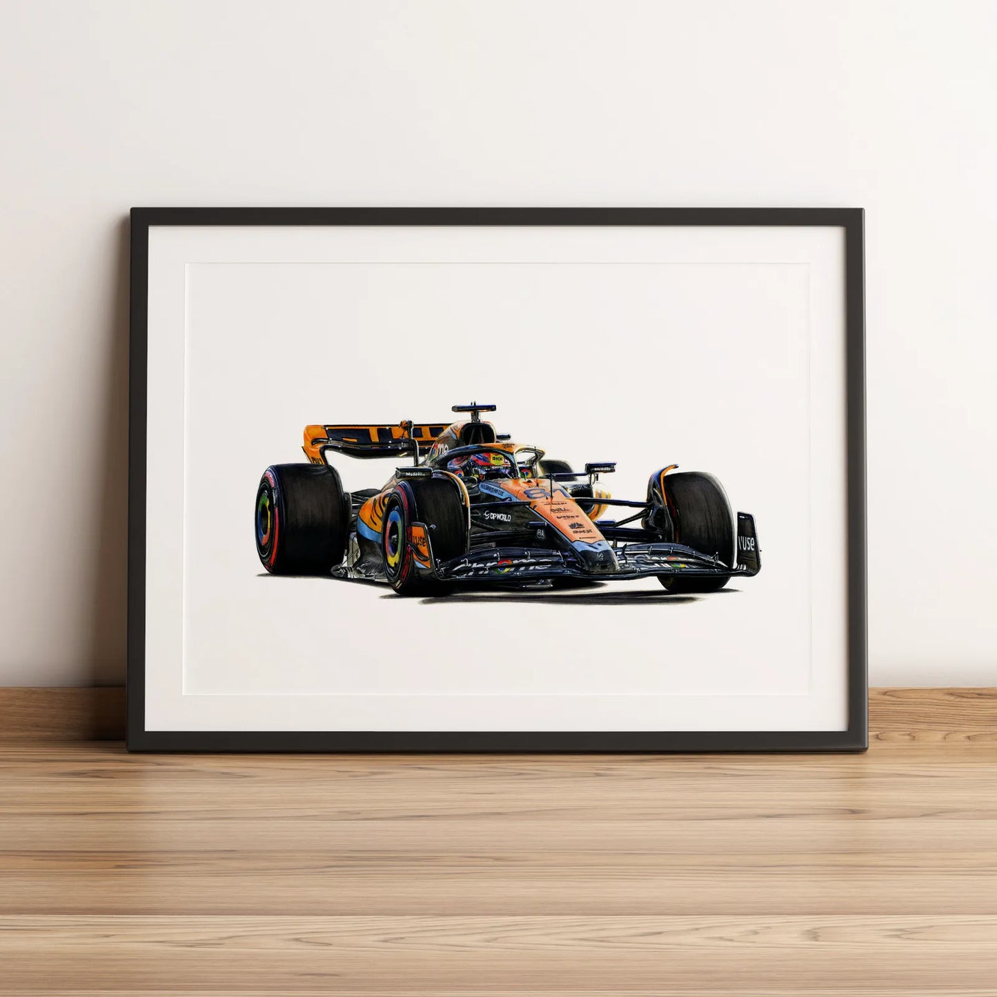 Illustration Formule 1 de Oscar Piastri au volant de la McLaren MCL60 2023 dessinée à la main par l’artiste Anthony Caillon.
