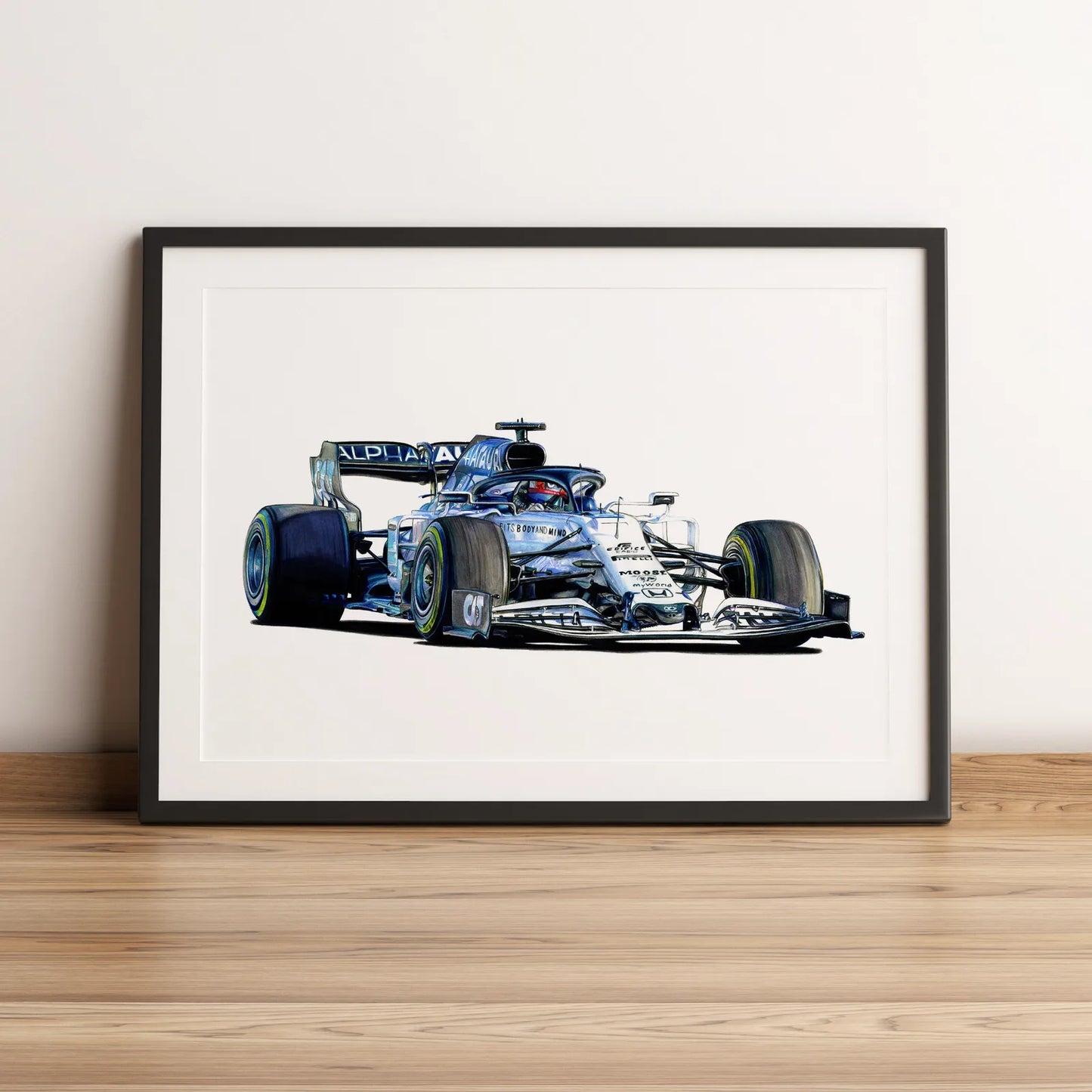 Illustration Formule 1 de Pierre Gasly au volant de l'AlphaTauri AT01 2020 dessinée à la main par l’artiste Anthony Caillon.